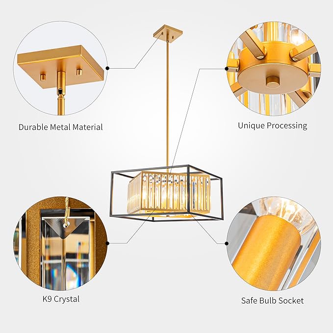 6-Light K9 Crystal Chandelier, Modern Style Pendant Light Fixture for Dining Room, Living Room, L16.5*W16.5*H17~47 inch (Adjustable Height), Gold & Black Finish Frame