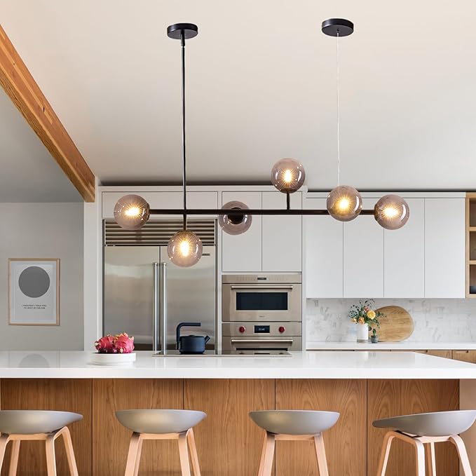 6 Lights Mid Century Modern Globe Chandelier, Black Linear Sputnik Chandelier with Glass Pendant Lights for Dining Room, Kitchen Island, and Living Room (Smoke Gray Glass)