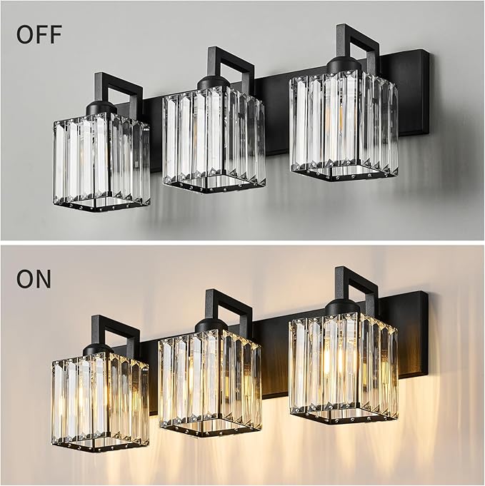 Modern Bathroom Vanity Light 3-Lights Black Crystal Wall Lamp Bathroom Modern Crystal Vanity Lighting