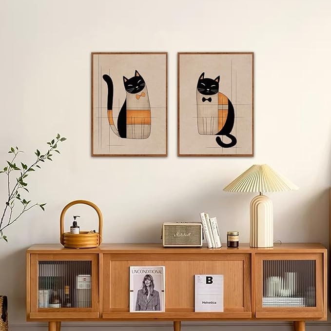 LHIUEM Boho Black Cats Wall Decor Vintage Cat Pictures Wall Art Set of 3(12”X16”) Whimsical Kitten Canvas Paintings Abstract Kitty Framed Art Gift Minimalist Bow Cat Posters for Room Office Aesthetic