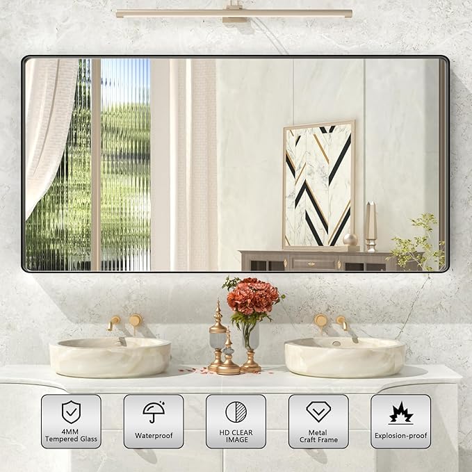 60x30 Inch Black Metal Framed Bathroom Mirror,Large Matte Black Vanity Mirror,Round Corner Rectangle Mirror for Wall,Tempered Glass,Anti-Rust(Horizontal/Vertical)