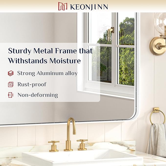 Keonjinn White Bathroom Mirror for Over Sink, 24 x 32 Inch Metal Framed Bathroom Vanity Mirrors for Wall, Rounded Corner Rectangle Farmhouse Mirror, Anti-Rust, HD Tempered Glass(Horizontal/Vertical)