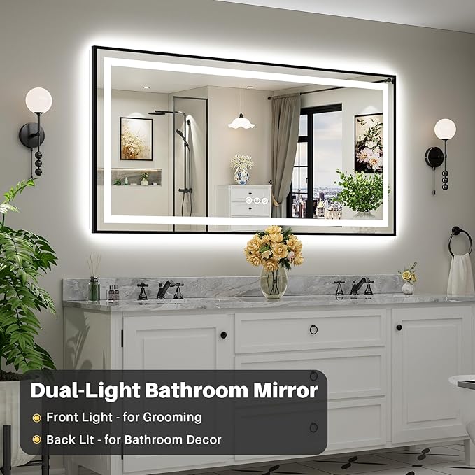 72x36 Inch LED Bathroom Mirror with Black Frame, Backlit & Front Lit, Anti-Fog Lighted Bathroom Vanity Mirror for Wall, Memory Function, Dimmable, HD Tempered Glass, Shatter-Proof