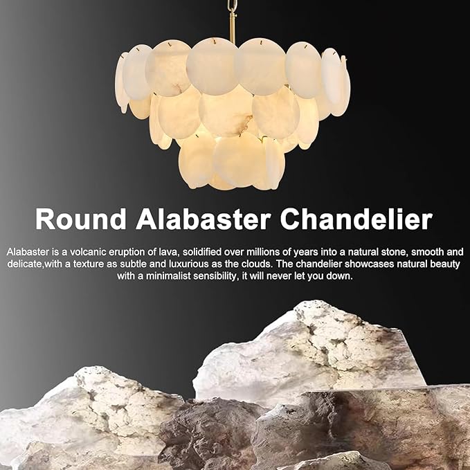 Alabaster Round Chandelier, 26" Natural Spanish Marble Stone Texture Chandeliers, 9-Light Dimmable Alabaster Chandelier, Modern Luxury Lighting for Living Room, Bedroom, Hallway