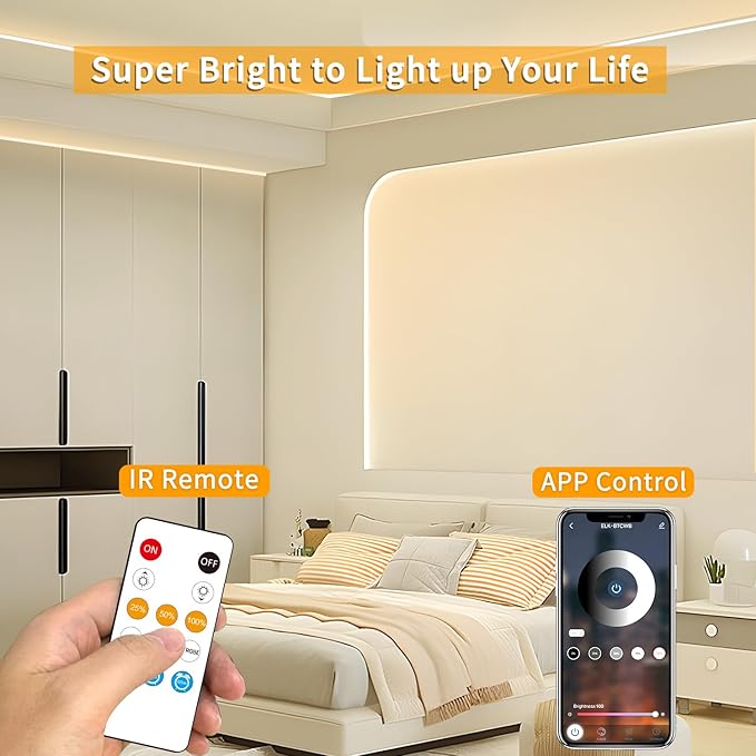 COB LED Strip Lights 50ft,3000K DC 24V Dimmable Warm White Flexible LED Rope Lights for Bedroom,with Remote and app Control LED Lights Strip for Living Room, Shelf, Cabinet