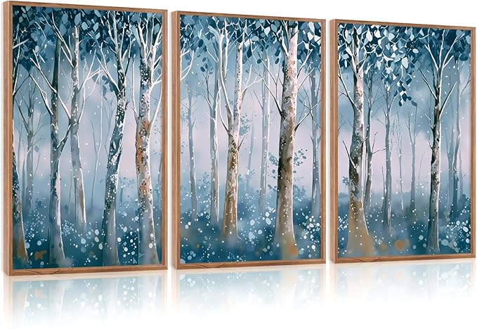 CHDITB Birch Trees Framed Canvas Wall Art Set, Blue Tree Abstract Nature Wall Decor,Blooming Birch Dreamy Forest Wall Painting, Vintage Landscape Art Prints for Living Room Bedroom Office-16 x24 x3