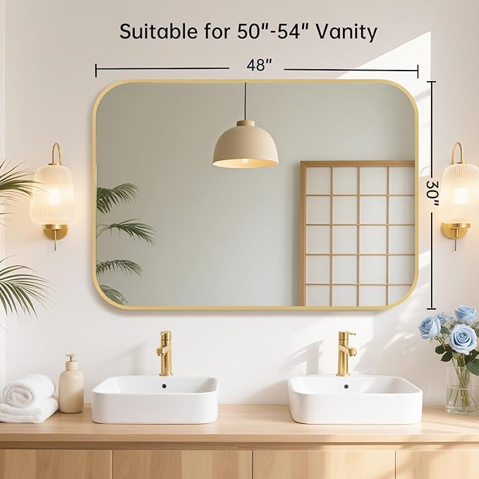 48x30 Inch Gold Bathroom Mirror, Brushed Gold Metal Framed Rectangular Mirror with Rounded Corner, Bathroom Vanity Mirror for Bedroom or Living Room, Horizontal/Vertical