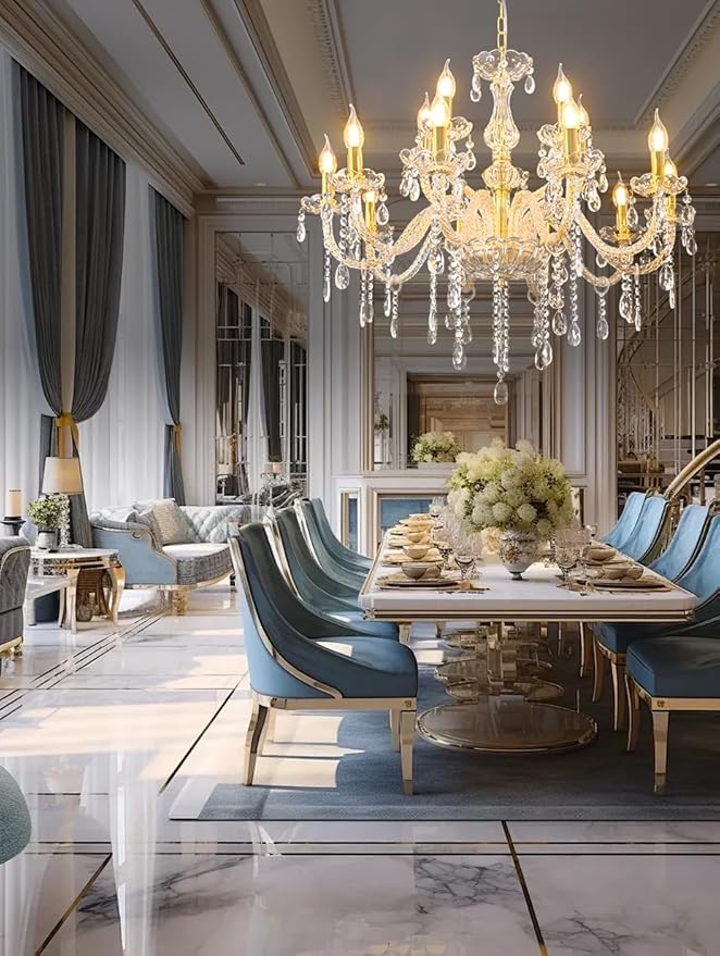 MALOSA Luxury Gold Large Crystal Chandelier for Living Room,Dining Room,Bedroom,Hallway 15 Lights 30.7"