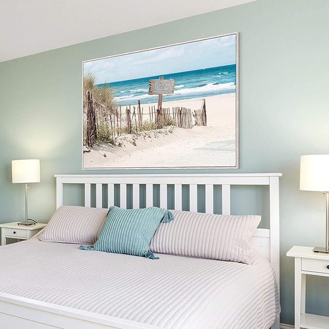 Ocean Wall Art Canvas Decor: Large Beach Coastal Scene Framed Artwork Sea Wave Seascape Painting Seaside Seashore Landscape Print for Living Room Bedroom Home Decorations 48 x 32 Inch