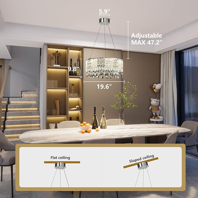 Modern Crystal Chandelier with Glass Panels, Dimmable LED Ceiling Light with Remote Control,Modern 20'' Round Chandeliers Lights Fixtures for Living Room, Dining Room, Bedroom