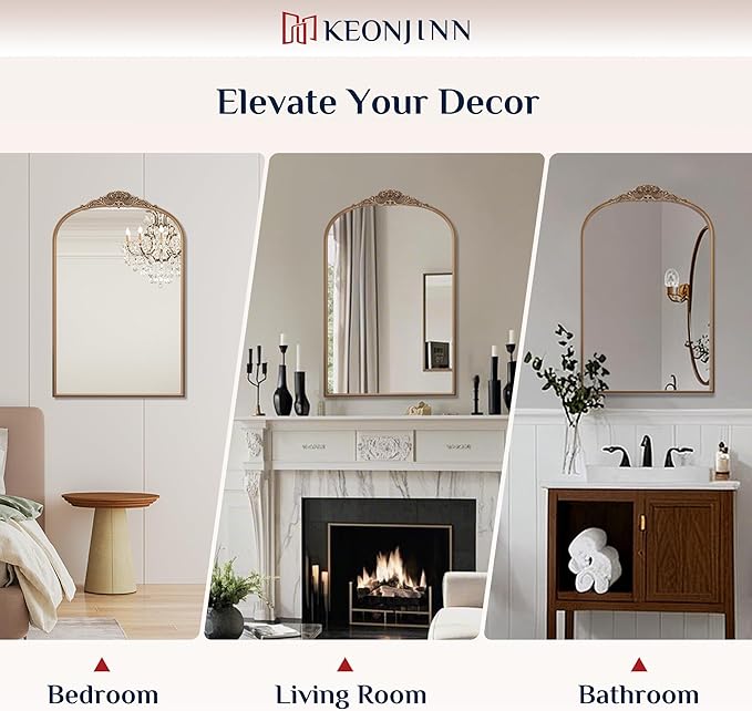 Keonjinn Arched Gold Wall Mirror, 48" x 22" Vintage Wall Mirror with Metal Frame, Traditional Brass Mirror, Decorative Baroque Mirror for Hallway, Fireplace, French Cleat Mounting