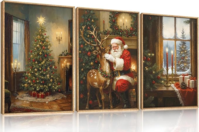 Ausril Vintage Christmas Wall Art Set of 3, Santa Reindeer Snowy Painting, Lit Tree Candle Window Artwork for Living Room, Bedroom, Fireplace, Xmas Gifts for Home Decoration 16×24 inch