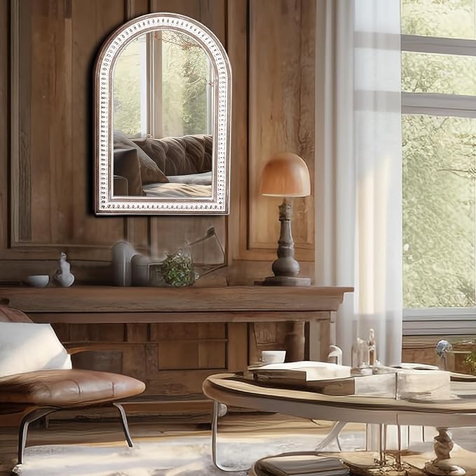 36x24 Inches Boho Wooden Arched Wall Mirror with Beaded, Rustic Farmhouse Decorative Arch Mirrors for Bathroom Vanity, Living Room, Entryway, or Foyer