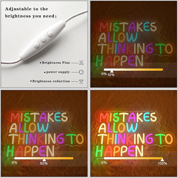 Mistakes Allow Thinking To Happen Neon Sign for Classroom Office Neon Light Colorful Letter Neon Light Sign Sayings Led Neon Lights for Office Classroom Bedroom Library Decoration
