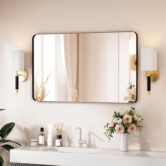 Black Bathroom Mirror 40X24 Inch Bathroom Vanity Mirror for Wall, Metal Frame Large Mirror, Tempered Glass, Modern Wall Mirror for Bathroom, Farmhouse, Horizontally or Vertically Hanging