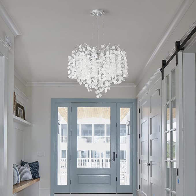 6-Light Capiz Shell Chandeliers, 18 Inch Modern Coastal Light Fixture for Living Room Bedroom, Round Crystal Tree Branch Pendant Lighting for Bathroom Foyer Kitchen Island, Silver