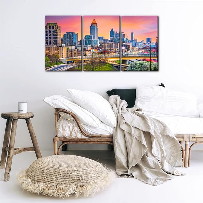 Pacimo Atlanta Cityscape Canvas Wall Art Print City Skyline at Dusk Painting Wall Decor for Living Room Home Decoration Gallery Wrapped Posters and Prints Framed Ready to Hang - 16"x24"x3 Panels