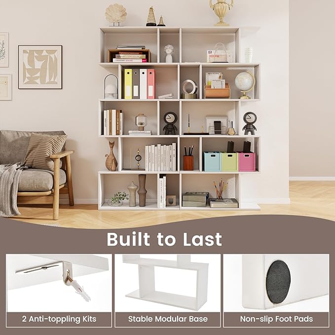 5 Tier Geometric Bookcase, S Shaped Bookshelf, Modern Decorative Storage Shelving, Wooden Room Divider Bookcase, 62.5" Tall Staggered Display Book Shelf for Living Room (2, White)
