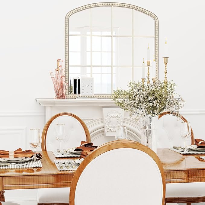 36''x36'' Wooden Wide Arched Mirrors for Wall with Window Girds, Large Farmhouse Decorative Mirror for Living Room, Entryway, Hallway, Fireplace, Bathroom