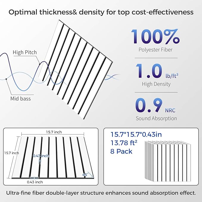 8 Pack 2-Layer Large Soundproof Wall Panels, 15.7 x 15.7 x 0.43 in Sound Proof Foam Panels for Walls, 0.9lb/ft³ High Density, 3D Acoustic Panels,Artistic Noise Dampening Panels White&Black