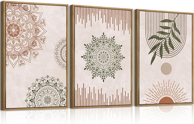 Anyzal Boho Wall Art Framed Large Abstract Geometric Line Paintings Mid-century Modern Plant Wall Decor for Bedroom Living Room Office 16x24 Inches 3 Piece