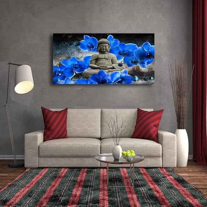 Buddha Pictures Wall Art Canvas Prints Home Decor Grey Zen Blue Flower Painting for Living Room Bedroom Bathroom Office Home Kitchen Decoration Asia Hindu Artwork 24x48 Wooden Frames Easy Hanging