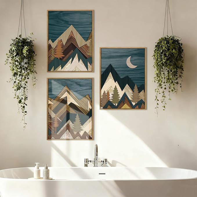 BINCUE Boho Mountain Wall Art Framed Landscape Wall Decor Modern Nature Artwork for Bedroom Living Room Office 12" Lx16 W Set of 3