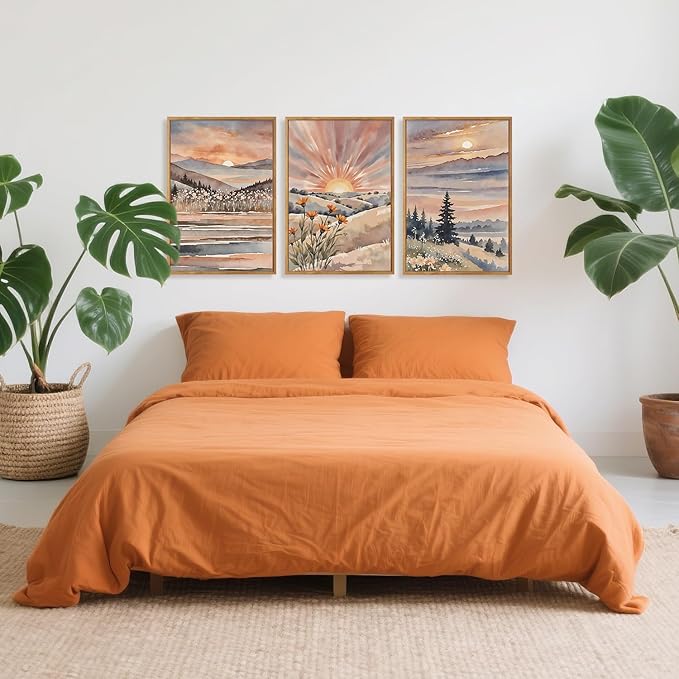 CHDITB Boho Sun Canvas Wall Art Set, Sunrise and Sunset Mountain Wall Decor, Watercolor Mountains Landscape Art Prints, Vintage Floral Nature Paintings for Living Room, Bedroom, Office - 16"x24"x3