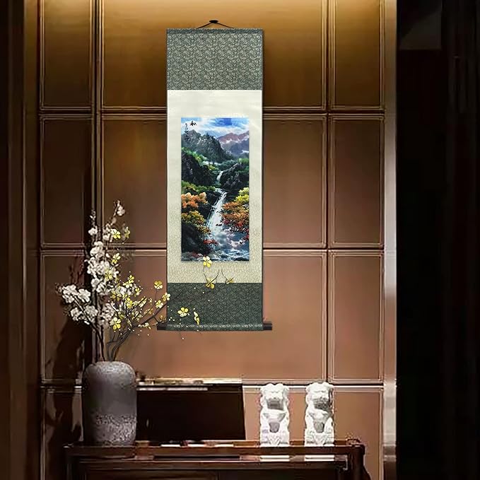 AtfArt Asian Wall Decor - Beautiful Silk Scroll Painting of Four Seasons Landscape (Autumn) - Oriental Decor - Chinese Art Wall Scroll - 36.2 x 12in