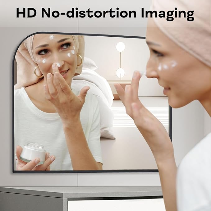 Modern Large Wall Mirror, Modern Mantel Minimalist Home Decor, Brushed Black Metal Framed Arched Mirror for Living Room, Bedroom, Fireplace, Mantle, Entryway, Bathroom, 40" x 30", Black