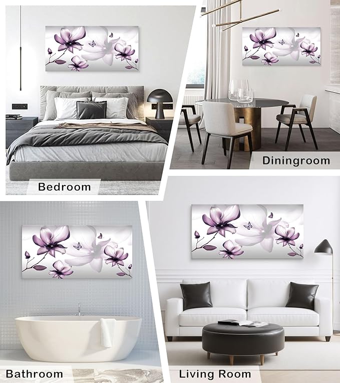 Muolunna BK06562 Purple Magnolia with Butterfly Flower Canvas Wall Art Picture 1 Panel 3D Wallpaper Modern Art Prints Painting for Bedroom Modern Office Wall Decor Artwork