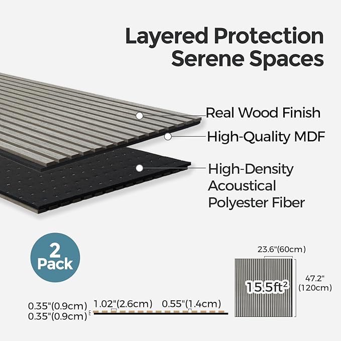 AKUMAX 2 Pack Acoustic Panels,Wood Slat for Wall and Ceiling-Art Acoustic Foam Panels 96x24Inches 3d Wall Panels High Density Sound Dampening Panels (Sineroak)