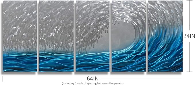 BATRENDY ARTS Handmade Silver and Blue Waves Metal Wall Art 3D Decorative Hanging Artwork Large Home Decor in Ocean Design for Office Living Room Decoration