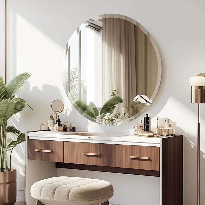 28 inch Beveled Bathroom Mirror, Frameless Round Mirror, 1" Polished Beveled Edge Circle Mirror for Bathroom, Living Room, Bedroom