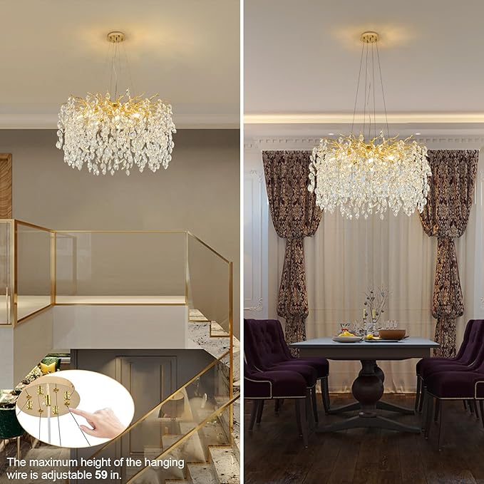 Modern Crystal Chandelier, 23.6" Luxury Gold Tree Branch Chandelier 6-Light Raindrop Chandeliers Modern Chandeliers for Dining Room Kitchen Bedroom Living Room High Ceiling, Branch & Height Adjustable