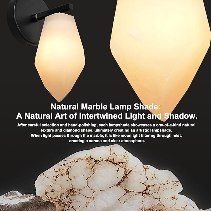Alabaster Wall Sconce Set of Two, Spanish Marble Wall Light, Modern Wall Sconce for Bedroom, Hardwired Wall Lighting for Living Room, Wall Lamp for Bathroom Hallway Stairs, Black