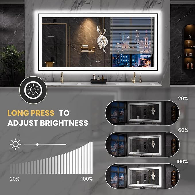 LOAAO 84"X32" LED Bathroom Mirror Black Framed, Anti-Fog, Dimmable, Lighted Bathroom Vanity Mirror for Wall, Memory Function, Tempered Glass