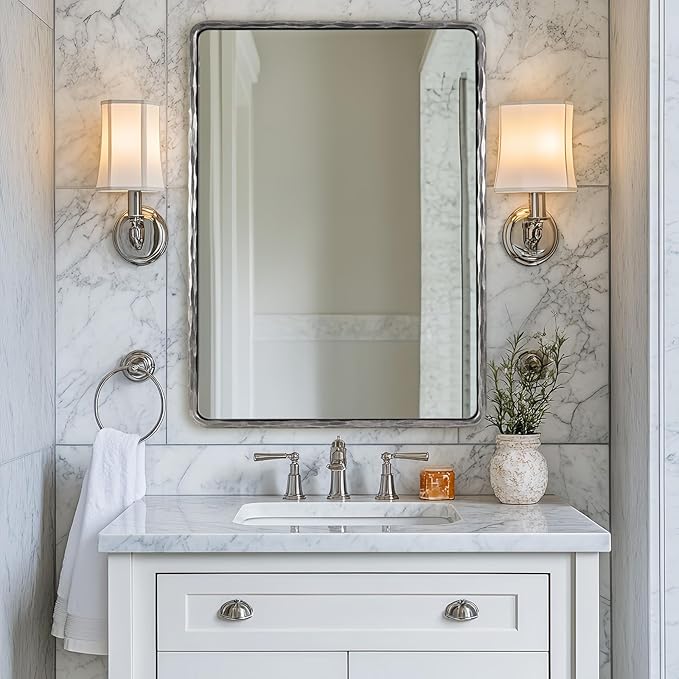 ANDY STAR Hand-Forged Silver Bathroom Mirrors for Wall, 30x40 Inch Vintage Solid Steel Metal Frame Bathroom Vanity Mirror, Antique Rounded Rectangle Wall Mirror, Hangs Horizontally or Vertically