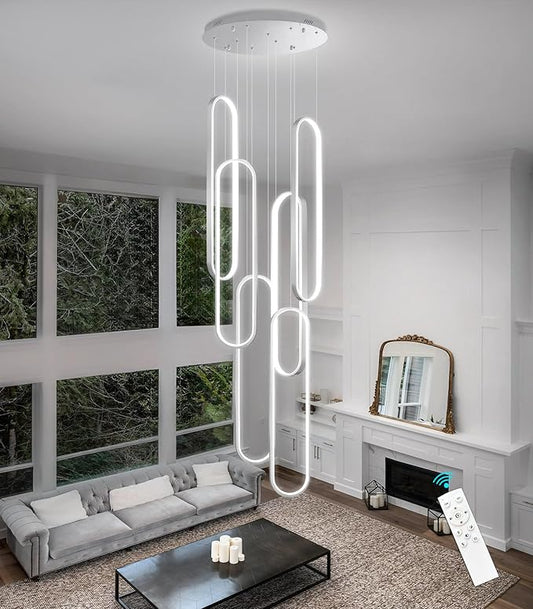 6 Rings Modern Chandelier LED Dimmable Pendant Lighting High Ceiling Chandelier for Entrance Foyer Lobby Staircaes Sliver 118''