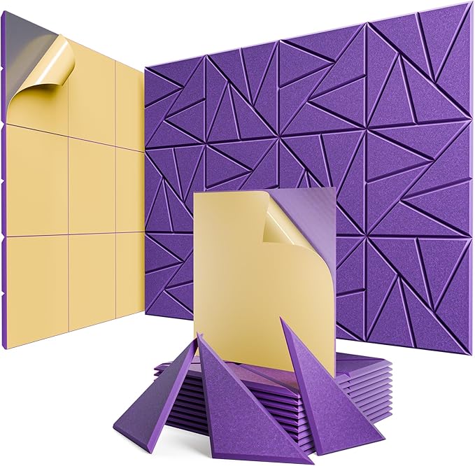 12 pack Acoustic Panels With Self-Adhesive, 12"X 12"X 0.4"Sound Proof Foam Panels, Sound Panels High Density, Soundproof Wall Panels for Home Studio Office Purple