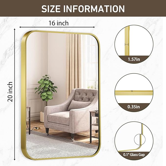 Matte Gold Mirror, 16x20 Inch Brushed Gold Mirror, Aluminum Alloy Framed Vanity Mirror, Rounded Rectangle Bathroom Mirror for Over Sink, Anti-Rust Wall Mirror (Horizontally or Vertically)