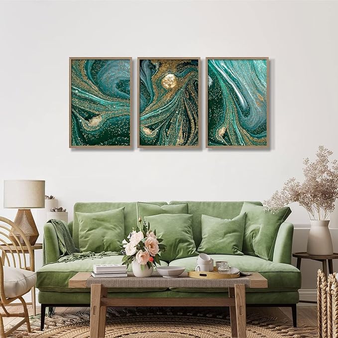 3pcs Wood Framed Green Abstract Canvas Wall Art - Abstract Green Black Gold Fluid Artwork - Modern Green Gold Abstract Prints Posters - Living Room Bedroom Decorative Paintings Gallery Style Wall Hanging Pictures