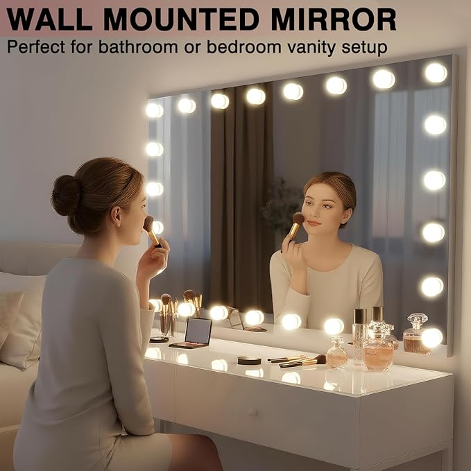 60x36 Hollywood Lit Bathroom Mirror with LED Bulbs, Colors Changeable & Brightness Dimmable, Anti Steam, Memory Function, ETL Listed, Tempered Glass, Wall Mountable, Horizontal/Vertical