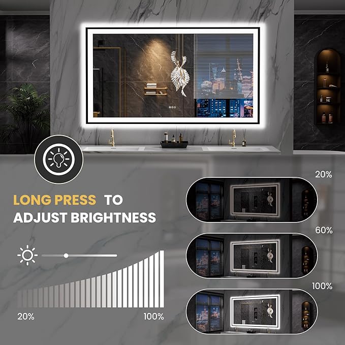 LOAAO 72"X40" LED Bathroom Mirror Black Framed, Anti-Fog, Dimmable, Lighted Bathroom Vanity Mirror for Wall, Memory Function, Tempered Glass