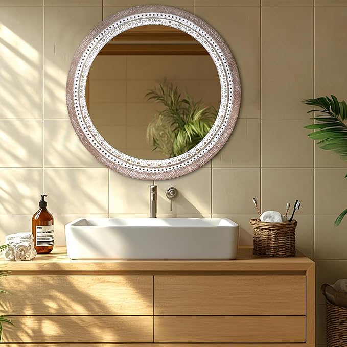 32" Farmhouse Wooden Decorative Round Mirrors for Wall Decor with Beads Frame, Rustic Large Circle Mirrors for Bathroom, Over Sink, Bedroom, Living Room, Entryway