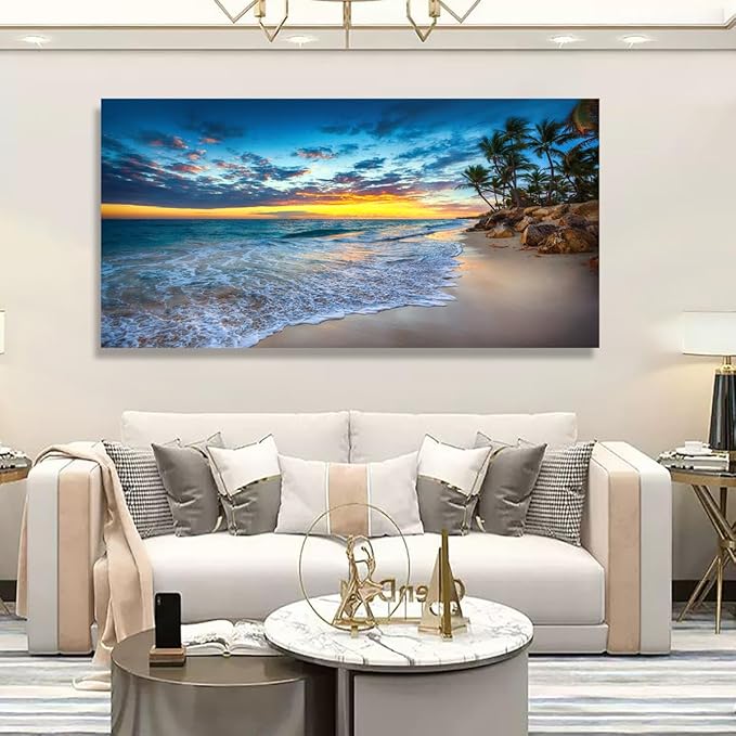 Beach Sunset Pictures Canvas Wall Art For Living Room Bedroom Wall Decor,Sunset Wall Art Print Paitnings for Home Decor,Morden Artwork Palm Coconut Tree Canvas Art Ready to Hang-28x57 Inches