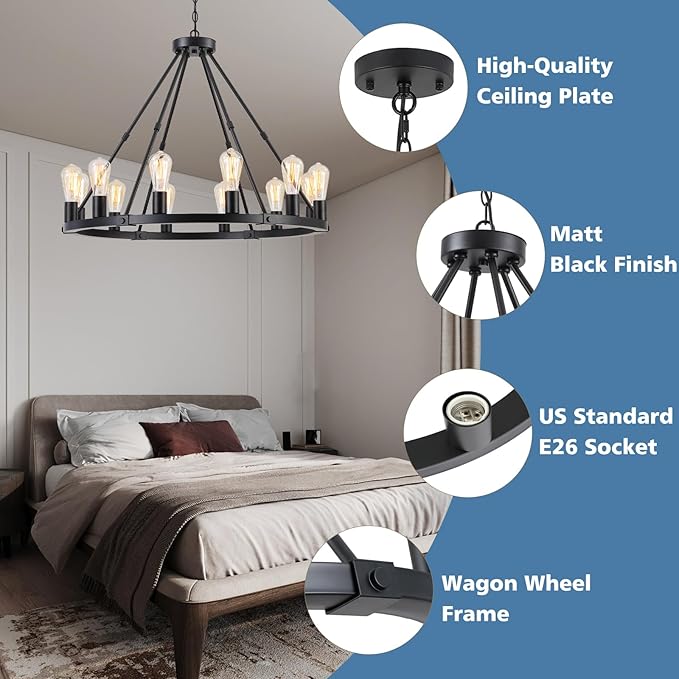 9MMML 12 Lights Black Wagon Wheel Chandelier, Industrial Farmhouse Globe Kitchen Island Pendant Light, Globe Dining Room Lights Fixtures for Foyer Entryway Living Room. E26, Height Adjustable,31.5".