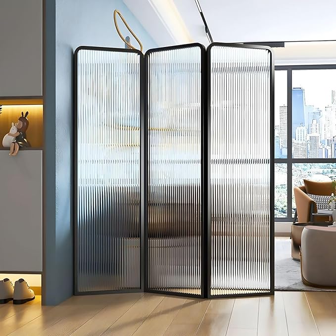 6ft Tall Room Divider, Metal Glass Partition, Folding Privacy Screen, Decorative Freestanding Partition for Room Separation, Modern Design, Ideal for Home or Office Use