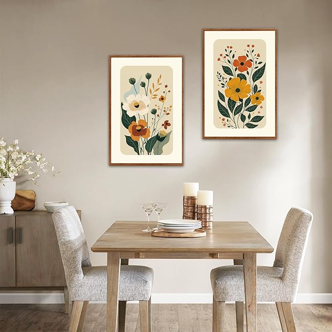 LHIUEM Boho Floral Botanical Framed Canvas Wall Art Set,Abstract Vintage Beige Wall Decor,Minimalist Wildflowers Artwork for Living Room,Bedroom,Dining Room,Office -16"x24"x3
