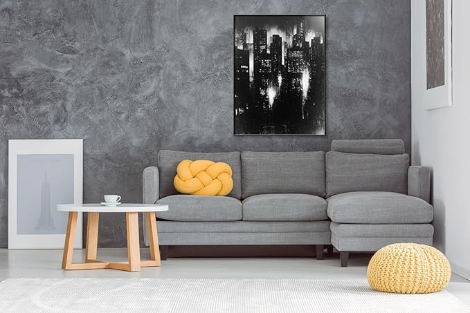 Abstract Cityscape Wall Art, Modern Urban Night Skyline Canvas Painting, Contemporary Expressionist City Decor (Black, 29" W x 39" L / 75x100cm, Framed)